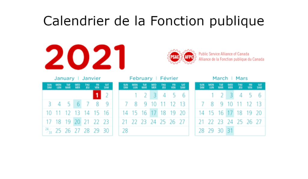 Calendrier 2021 de la fonction publique - Calendrier