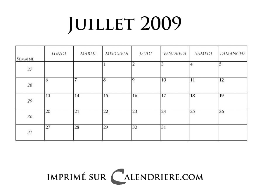 Juillet-2009 - Calendrier 2022 gratuit