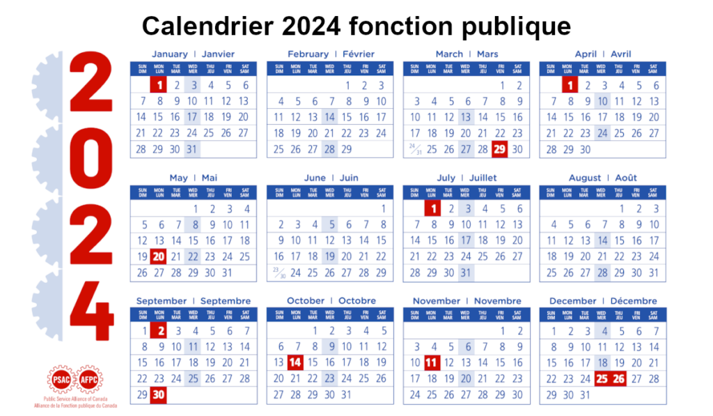 Calendrier 2024 fonction publique Québec Canada AFPC PSAC