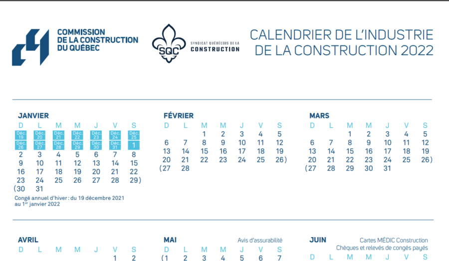 Calendrier CCQ 2023 Imprimer le calendrier construction 2023