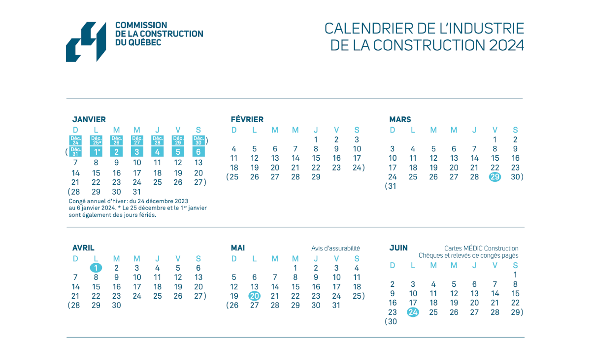 Calendrier CCQ 2024 Imprimer le calendrier construction 2024