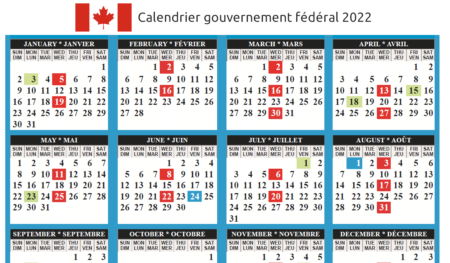 Calendrier gouvernement fédéral 2022 - Jours fériés payés au Canada