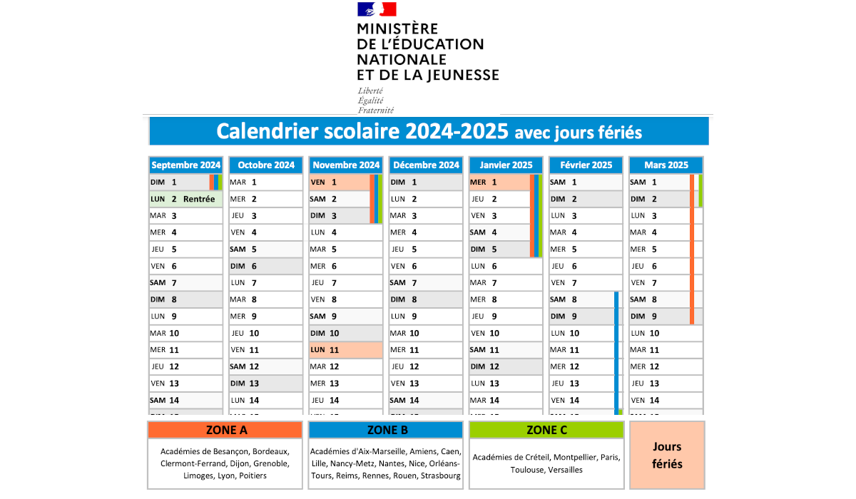 Vacances scolaires 2024 2025 ZONE A - Calendrier scolaire 2024-2025 de la  zone A à imprimer