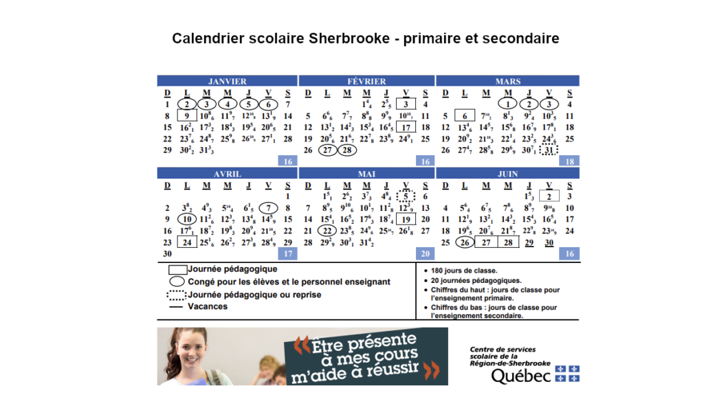 Calendrier scolaire Sherbrooke 2022 2023 CSSRS